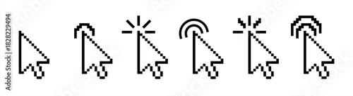 Click cursor pixel icon. Computer mouse pointer hand logo. Arrow press symbol for internet website. Digital UI UX element. Select button vector icon set.