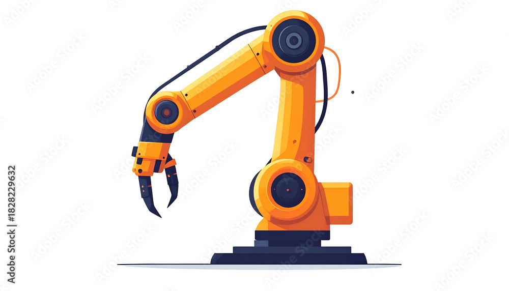 Fototapeta premium Orange industrial robotic arm with articulated joints and a gripping claw