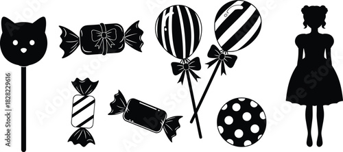 Cute party elements silhouette set, girl in dress, candies, balloons, lollipop, decorative vector illustrations for celebration, festive design collection