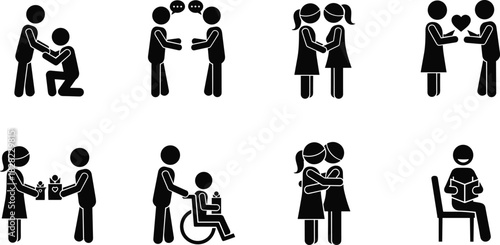 Kindness and communication icon set, helping people, friendship, support, giving gifts, hugging, inclusive interactions, vector illustrations for empathy concepts