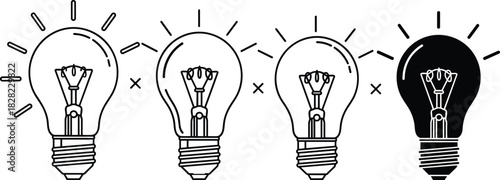 Light bulb idea illustration set, creative innovation symbols, bright concept icons, glowing inspiration vector design for brainstorming, creativity, problem solving, and solutions
