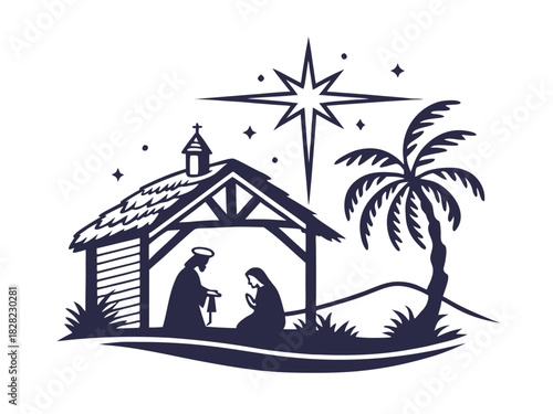 Beautiful nativity scene illustration featuring Mary, Joseph, and baby Jesus under the star of Bethlehem in serene religious Christmas artwork