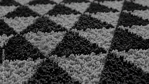 A black and white background with a triangular grid containing moving, smoothed quadrilateral objects. Duration 20 sec. Maximum resolution 4K. 3D rendering.
