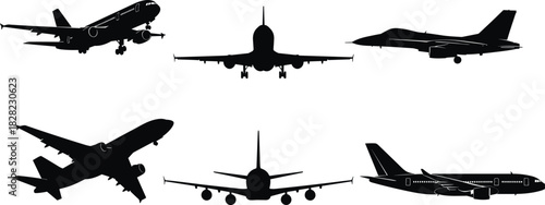 Airplane silhouette set featuring commercial jets, passenger aircraft, jetliners and aviation views from multiple angles for flight, transport and aviation design