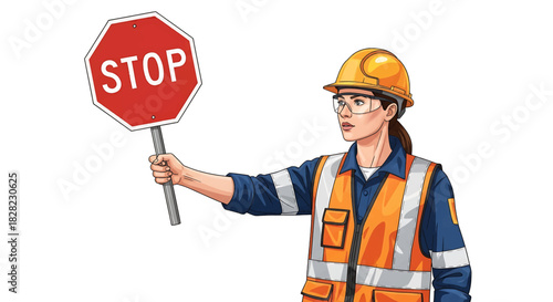 Professional female construction worker in safety gear holding a stop sign, effectively directing traffic and ensuring site safety during roadwork projects