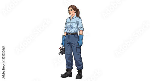 Skilled female professional worker in uniform and gloves, holding a wrench, embodying expertise and reliability in technical service and maintenance roles