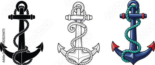 Anchor illustration set with rope, nautical marine symbol in silhouette, outline and colored style for sailing, ocean themes and maritime design