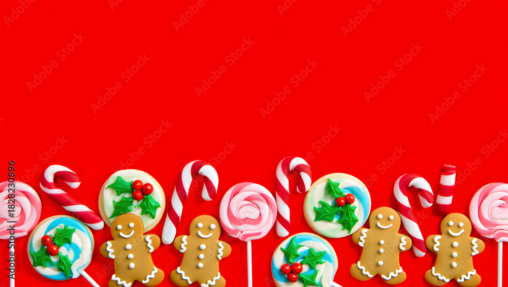 Naklejka premium Holiday Sweet Treats: A colorful array of festive treats, including gingerbread man cookies, lollipops, and candy canes, arranged against a vibrant red backdrop.