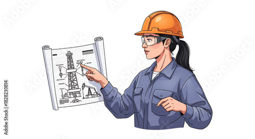 Illustration of a Female Engineer Analyzing an Oil Rig Blueprint