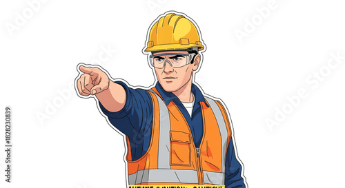 Site manager or engineer in protective workwear directing and giving a warning, character illustration isolated on white