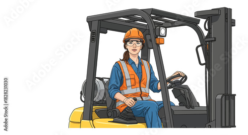 Woman operating a forklift truck with safety gear inside a warehouse or factory setting