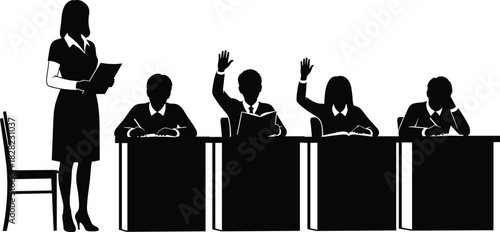 Silhouette classroom scene with teacher standing, students sitting at desks, raising hands, studying together in education environment, focused learning vector illustration