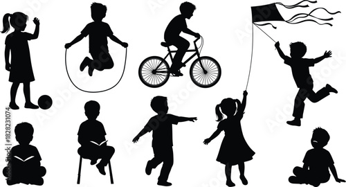 Silhouette children playing, reading, cycling, skipping rope and flying kite in various outdoor and indoor activities, creative childhood recreation vector 