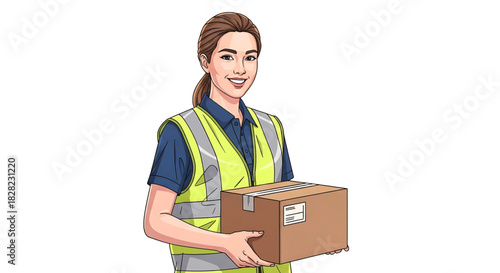 Confident Delivery Woman Holding Package with Safety Vest Illustration
