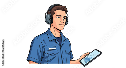 Dedicated male professional wearing hearing protection while meticulously analyzing data on a digital tablet, emphasizing safety and operational efficiency