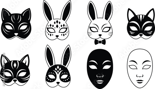 Animal and human masquerade mask illustration set, cat and rabbit face masks, decorative costume designs, festival cosplay vector icons