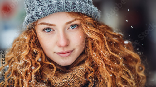 Portrait of young woman with red curly hair in winter clothes outdoors
