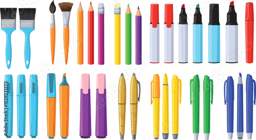 Art supplies illustration set, colorful pens pencils markers brushes, stationery collection for drawing writing highlighting, school office tool design