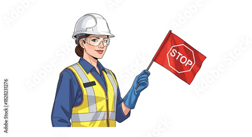 Construction Worker Holding Stop Sign Illustration