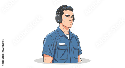 Focused young professional in a blue uniform wearing earmuffs for noise protection, a concept of industrial safety and concentration