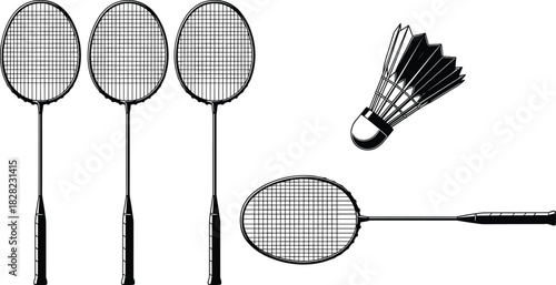 Badminton racket and shuttlecock illustration set featuring sports equipment, detailed silhouette designs, outdoor game accessories, athletic activity elements for fitness themes