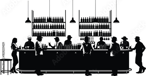 Bar scene silhouette, people drinking at counter, stylish nightlife illustration, bartender serving customers, lounge bar interior vector design