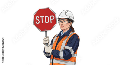 Female construction worker in a hard hat and high-visibility vest holding a stop sign to enforce safety regulations and control traffic