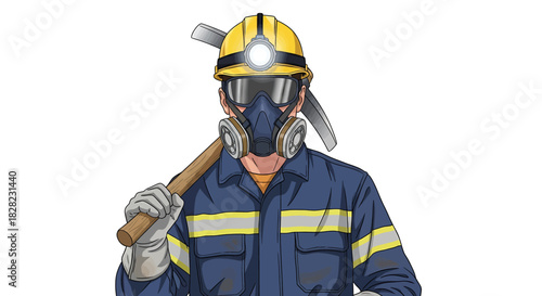Illustration of a Miner with Protective Gear and a Pickaxe, Ready for Work in the Mine