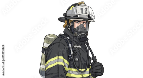 Portrait of a firefighter in protective gear with breathing apparatus, ready for duty