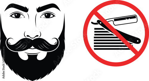 Bearded man face with mustache and no shaving sign, barbershop grooming symbol, beard care illustration, vector design for male styling.