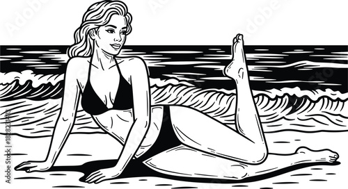 Beach woman relaxing on sand in bikini, ocean wave background, summer vacation illustration showing seaside lifestyle, tropical holiday and beach beauty