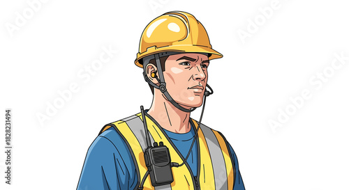 Industrial worker or construction foreman wearing a hard hat and safety vest, communicating on a two-way radio for site safety and coordination