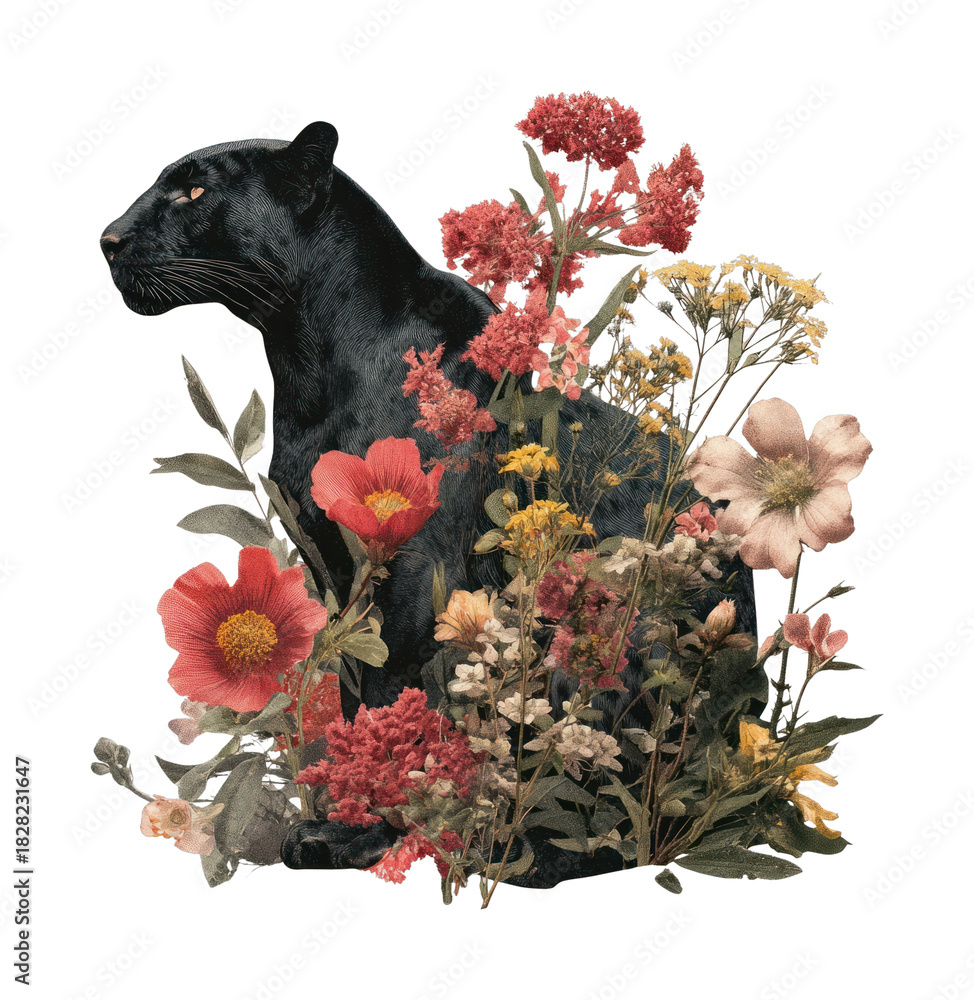 Naklejka premium PNG Panther surrounded by vibrant flowers.