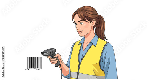 Illustration of a woman scanning a barcode with a handheld scanner in a professional setting