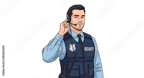 Security Guard in Uniform with Headset - Vector Illustration for Safety and Protection