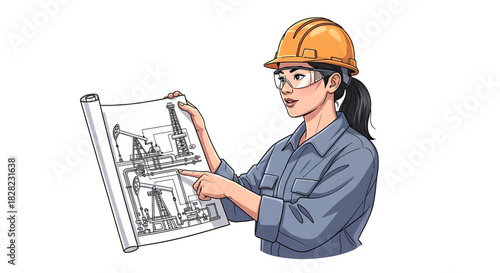 Female Engineer Reviewing Oil Rig Blueprints Planning, Industry, and Technical Expertise Illustrated