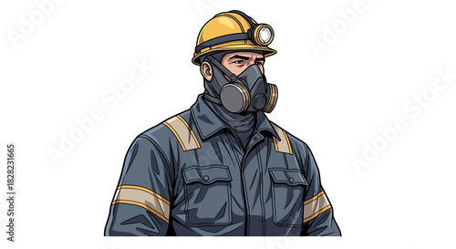 Dedicated miner portrait, equipped with essential safety gear including a hard hat and respirator mask, symbolizing hard work and protective measures in the demanding mining industry