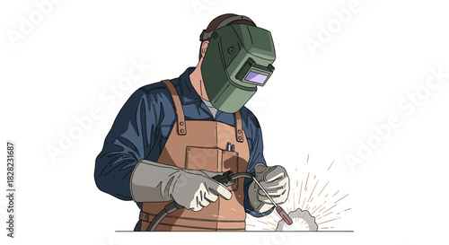 Skilled welder wearing protective gear and a welding mask, skillfully creating sparks as he works on a metal project with welding equipment