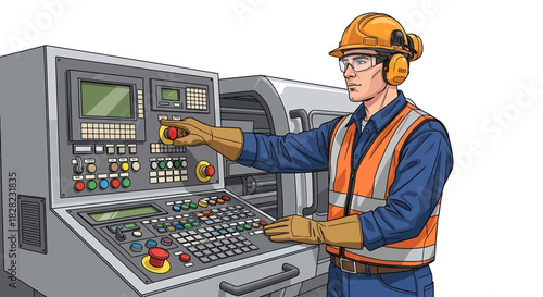 Man in safety gear operating complex industrial machinery control panel in a factory setting