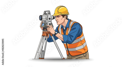 Surveyor at Work A Professional in a High-Visibility Vest and Hard Hat, Using Equipment