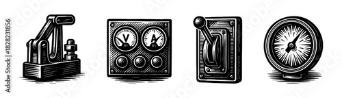 Industrial controls vintage engraving icons set, levers valves pressure gauges