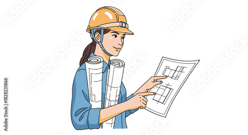 Female Architect Examining Construction Blueprint and Wearing Hard Hat