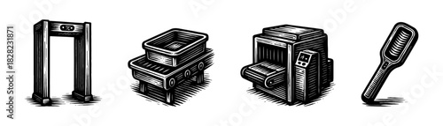 Airport security vintage engraving icons set, metal detector xray baggage scanner