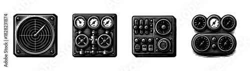Instrument panels vintage engraving icons set, radar screen gauges control boards