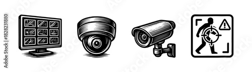 CCTV surveillance vintage engraving icons set, security monitor cameras face scan