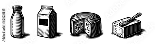 Dairy products vintage engraving icons set, milk bottle carton cheese butter