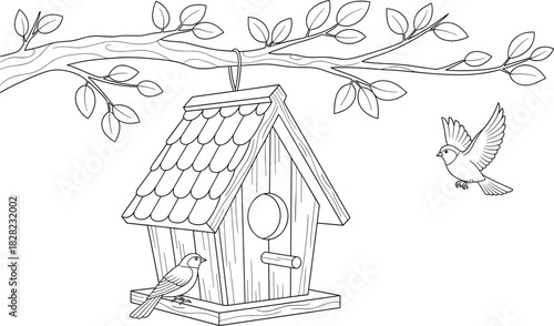 Birdhouse hanging from tree branch with small birds perched and flying, nature wildlife illustration, wooden feeder concept for coloring and design