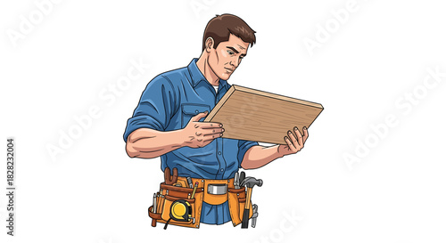A professional carpenter in a tool belt carefully inspects a wooden plank for a construction or woodworking project