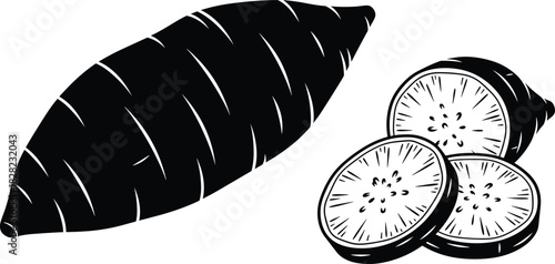 Black and white cassava root illustration, sliced tapioca vegetable drawing, vintage food engraving style, organic root crop artwork for branding