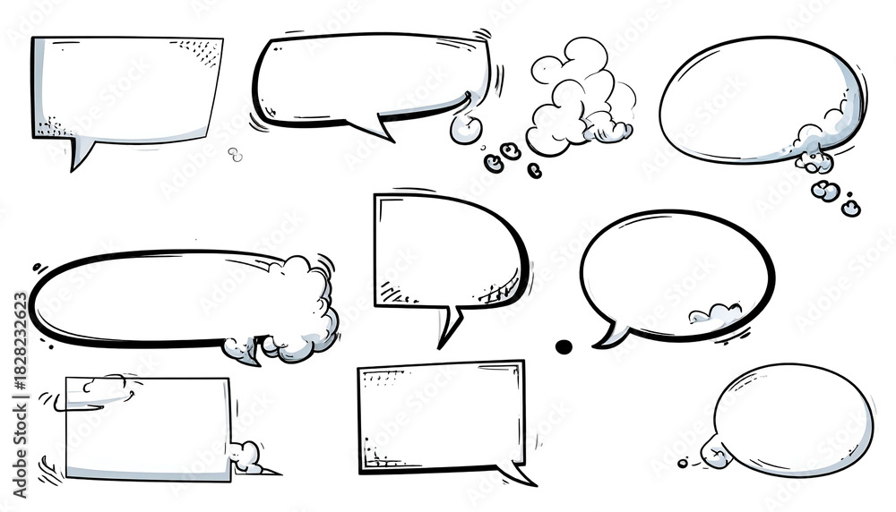 Obraz premium Collection of blank, hand-drawn speech bubbles in various shapes, on a black background